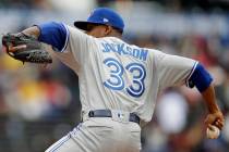 Toronto Blue Jays pitcher Edwin Jackson works against the San Francisco Giants in the first inn ...