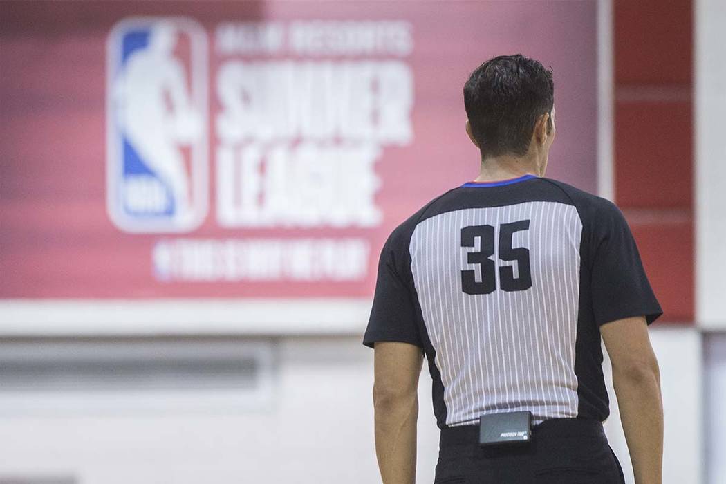 Referee Jason Goldenberg (35) works the Miami Heat's NBA Summer League game with the New Orlean ...