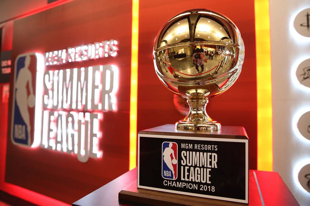The NBA Summer League championship trophy on display at the Thomas & Mack Center in Las Veg ...
