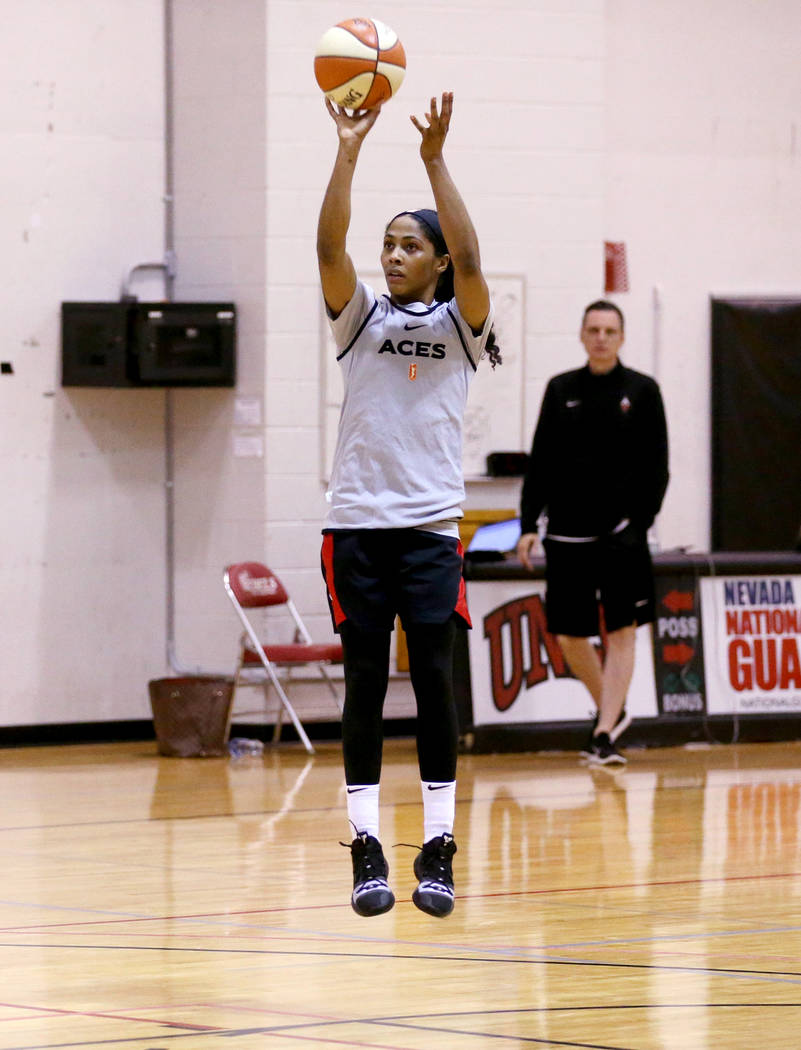Veteran guard Sydney Colson shoots during practice at the Cox Pavilion in Las Vegas Wednesday, ...