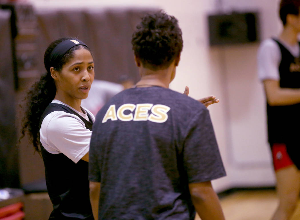 Veteran guard Sydney Colson talks to Assistant Coach Vickie Johnson during practice at the Cox ...