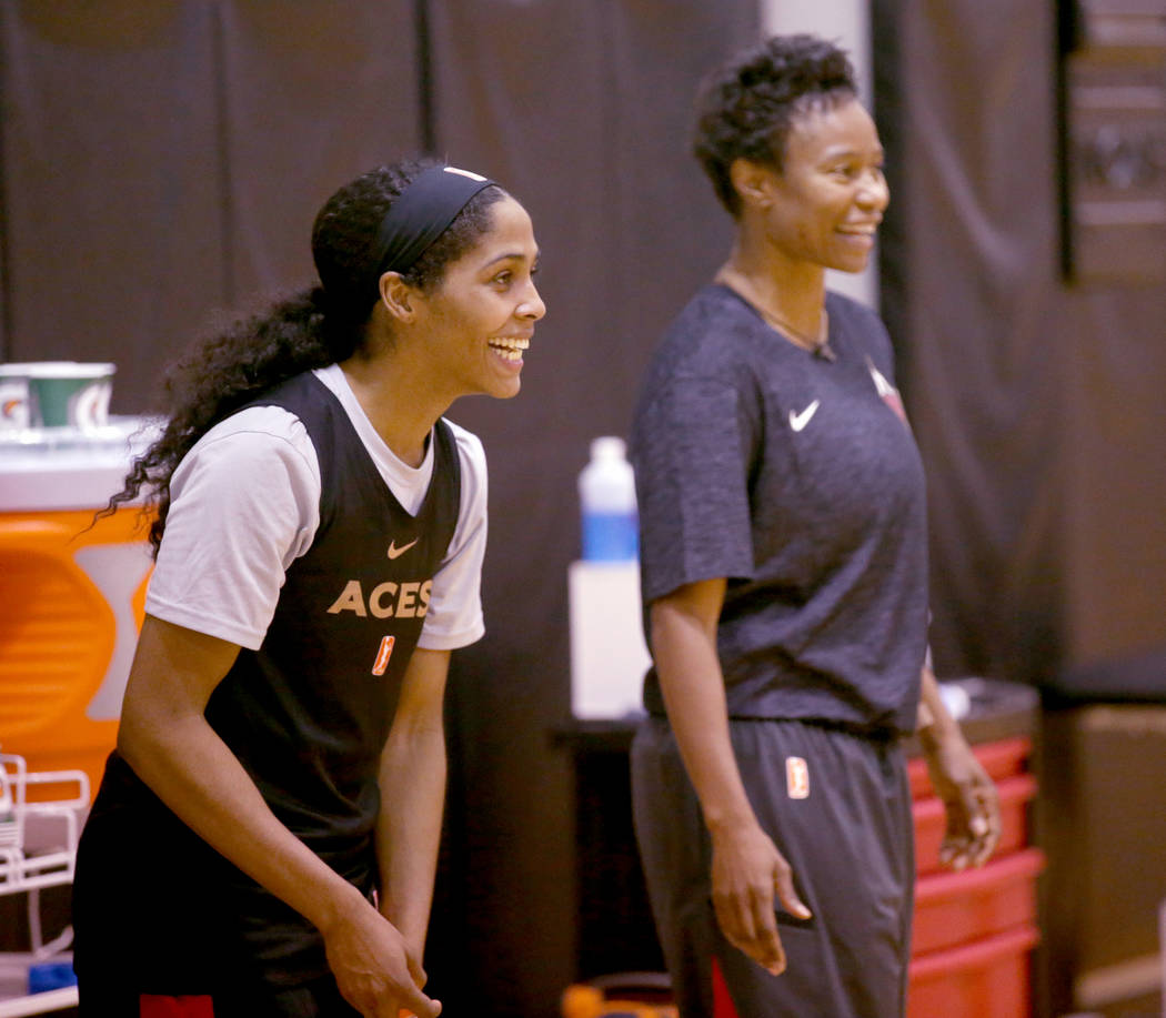 Veteran guard Sydney Colson talks to Assistant Coach Vickie Johnson during practice at the Cox ...