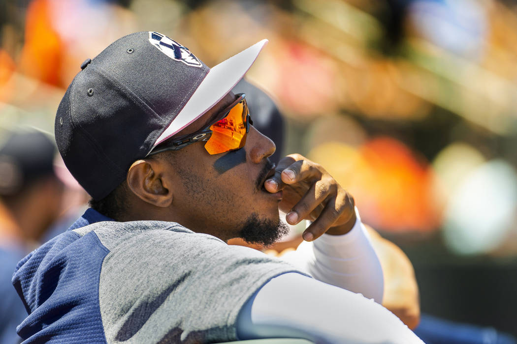 Aviators shortstop Jorge Mateo (14) watches his teammates from the dugout as they face the Taco ...