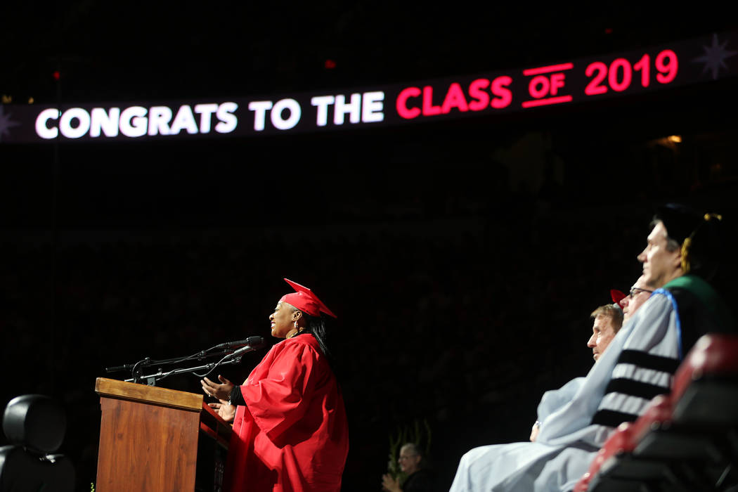 Student commencement speaker Tara Trass give s a speech during the UNLV commencement ceremony a ...