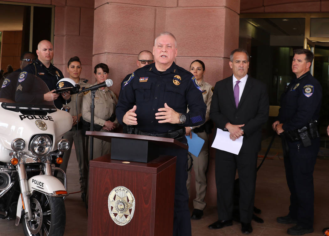 Clark County School district police Chief James Ketsaa speaks during a press conference as CCSD ...