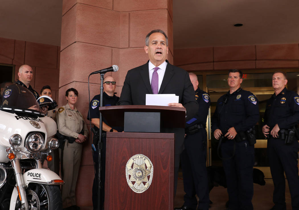 Clark County School Superintendent Dr. Jesus F. Jara, speaks during a press conference outside ...