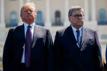 President Donald Trump stands with Attorney General William Barr during the 38th Annual Nationa ...