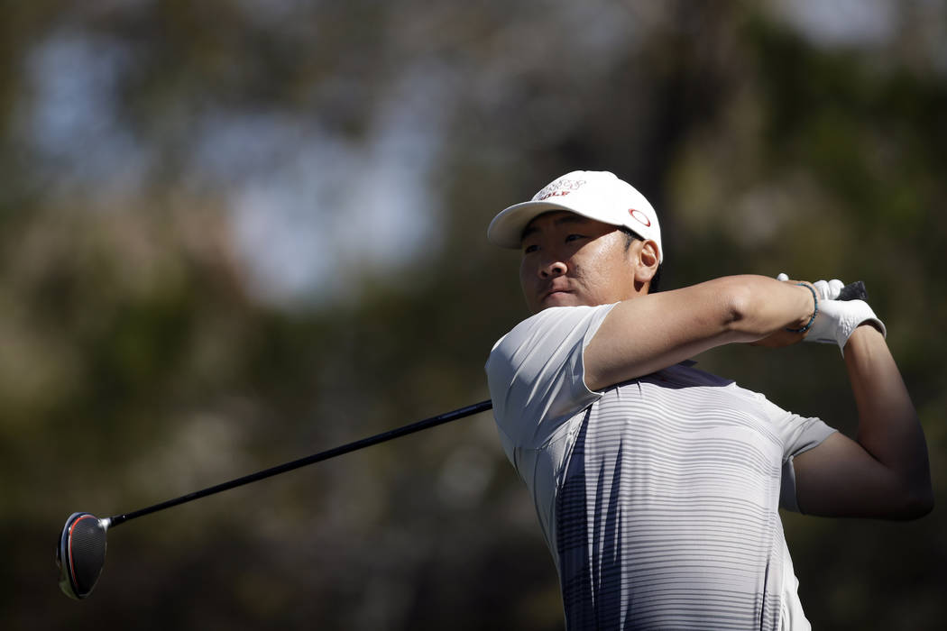 UNLV's Justin Kim hits a tee shot during the Southern Highlands Collegiate golf tournament, Mon ...