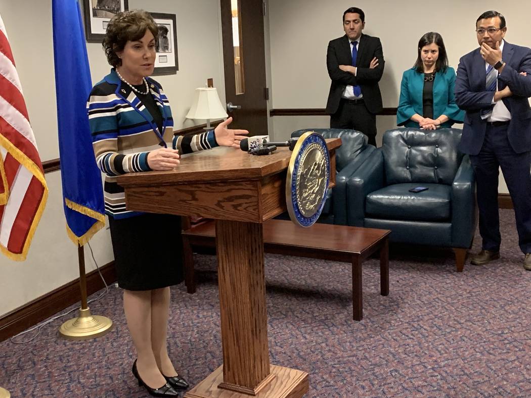 Sen. Jacky Rosen taking questions from reporters Monday after addressing a joint session of the ...
