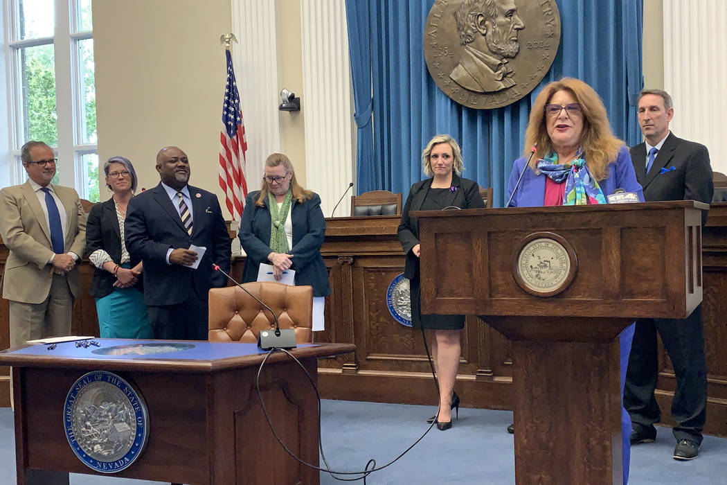 Assemblywoman Ellen Spiegel, D-Henderson, speaks Wednesday at the signing of Assembly Bill 170. ...