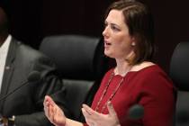 Becky Harris asks a question during a Gaming Control Board meeting in Las Vegas in 2018. (K.M. ...