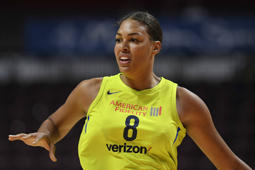 Dallas Wings' Liz Cambage during a preseason WNBA basketball game, Tuesday, May 8, 2018, in Unc ...