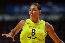 Dallas Wings' Liz Cambage during a preseason WNBA basketball game, Tuesday, May 8, 2018, in Unc ...