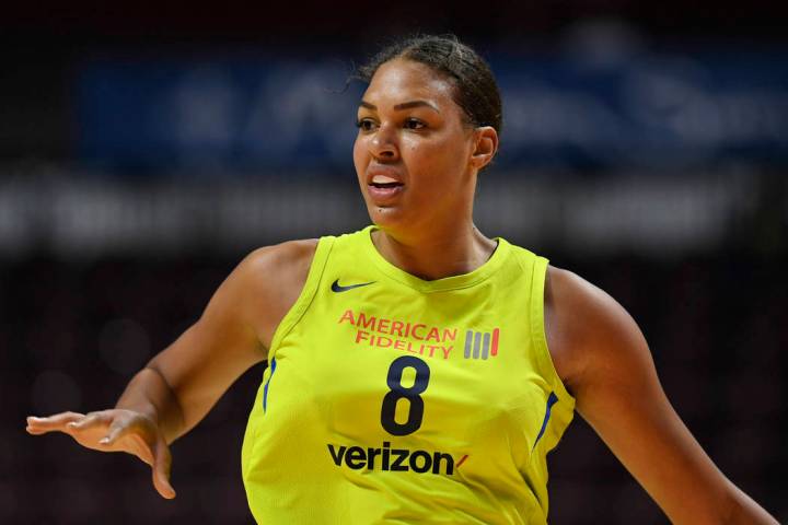 Dallas Wings' Liz Cambage during a preseason WNBA basketball game, Tuesday, May 8, 2018, in Unc ...
