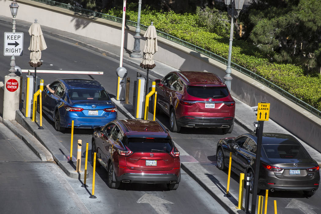Cars line up to pay for parking at Bellagio on Thursday, May 16, 2019, in Las Vegas. (Las Vegas ...