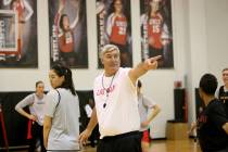 Las Vegas Aces Coach Bill Laimbeer leads practice during the first training camp of the season ...