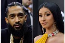 This combination of photos shows rapper Nipsey Hussle at an NBA basketball game between the Gol ...