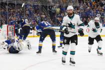 San Jose Sharks defenseman Erik Karlsson (65), of Sweden, skates away after scoring the winning ...