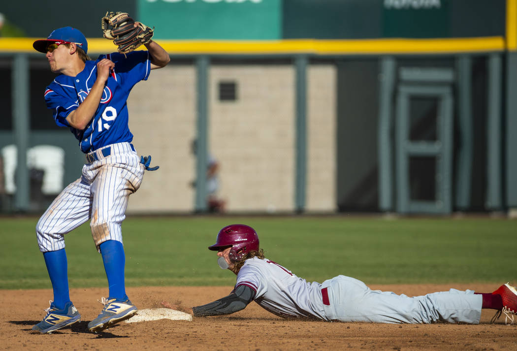 Reno's Cade Grogan (19) saves an overthrow at second base while Desert Oasis' Josh Sharman arri ...