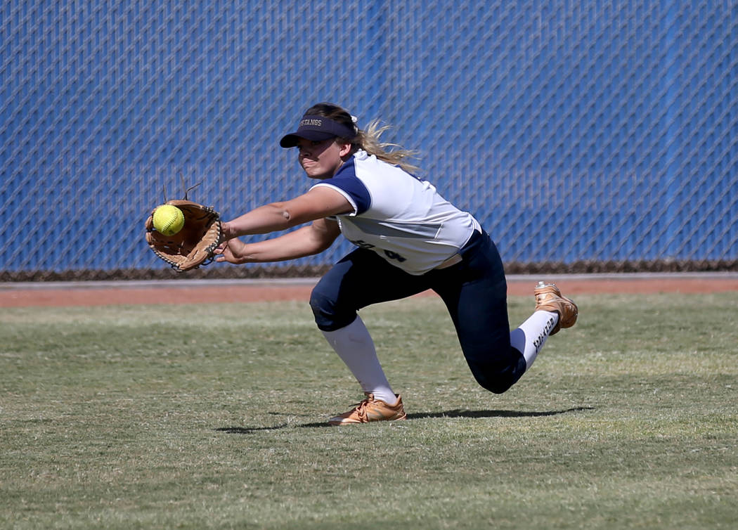 Shadow Ridge outfielder Shea Clements (4) comes up short for a Coronado fly ball in their Class ...