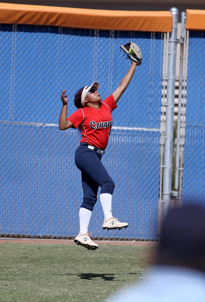 Coronado Kaila Angel (9) makes a leaping catch against Shadow Ridge in their Class 4A state cha ...