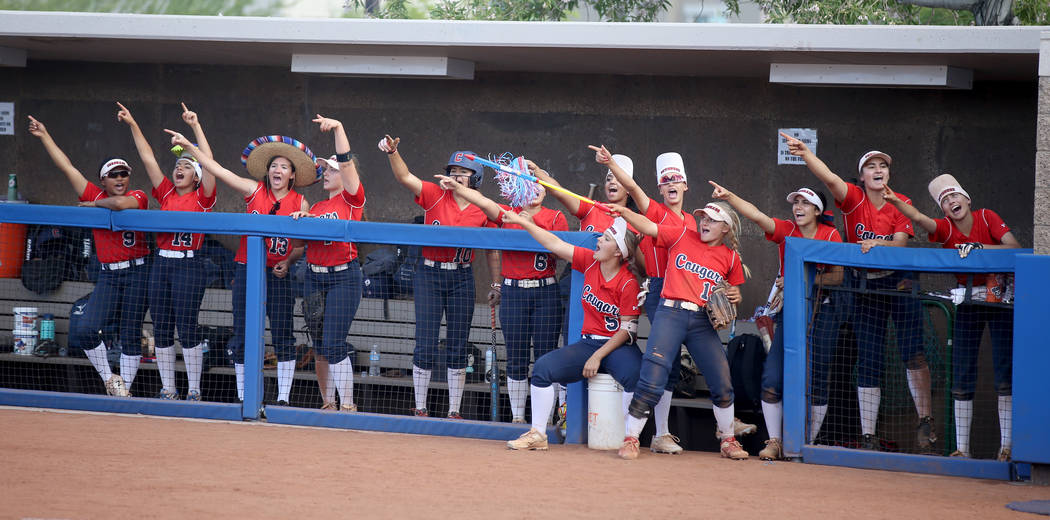 Coronado players cheer during their Class 4A state championship winners' bracket final softball ...