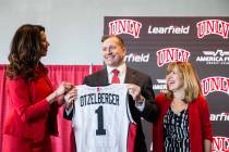 UNLV athletic director Desiree Reed-Francois, left, and UNLV acting president Marta Meana, righ ...