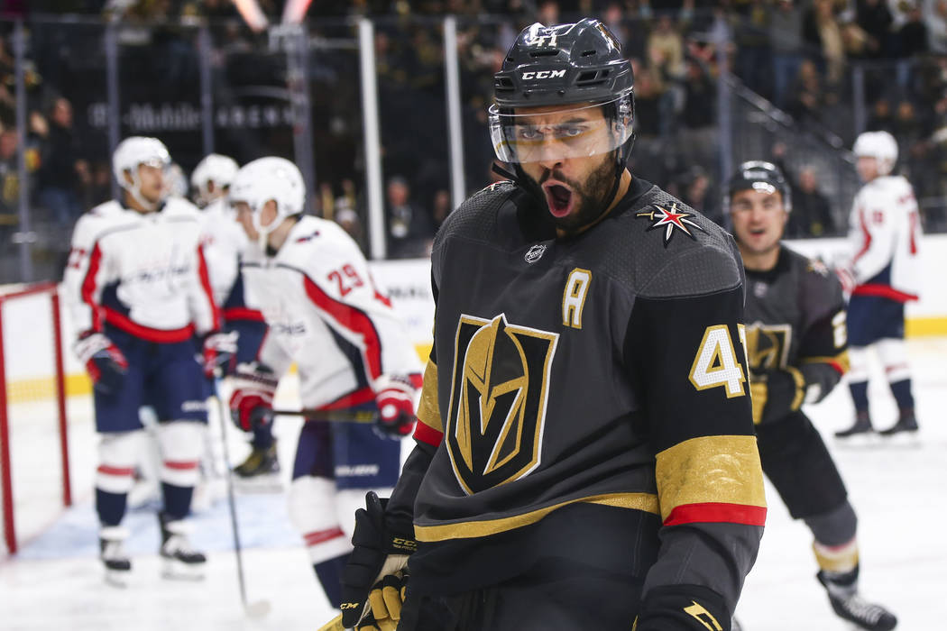 Golden Knights center Pierre-Edouard Bellemare (41) celebrates his goal against the Washington ...