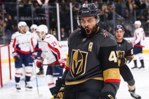 Golden Knights center Pierre-Edouard Bellemare (41) celebrates his goal against the Washington ...