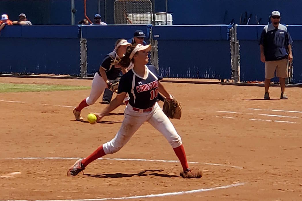 Coronado sophomore Sydney Smith delivers a pitch during the Class 4A state championship at Bish ...