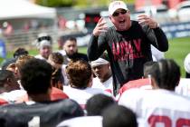 UNLV Rebels head coach Tony Sanchez talks with his team after the spring football game at Pete ...