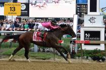 War of Will, ridden by Tyler Gaffalione, crosses the finish line first to win the Preakness Sta ...