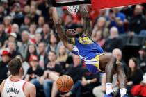 Golden State Warriors forward Jordan Bell dunks during the second half of Game 3 of the team's ...