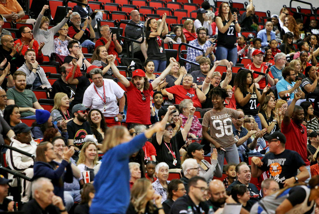 The crowd applauds a basket at a preseason game of the Las Vegas Aces against the Minnesota Lyn ...
