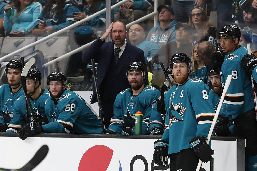 San Jose Sharks head coach Peter DeBoer reacts behind the bench during the first period in Game ...