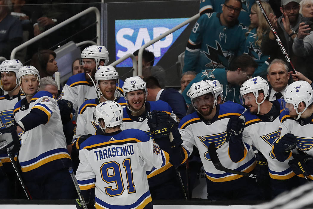 St. Louis Blues' Vladimir Tarasenko (91) celebrates a goal with the bench in the second period ...
