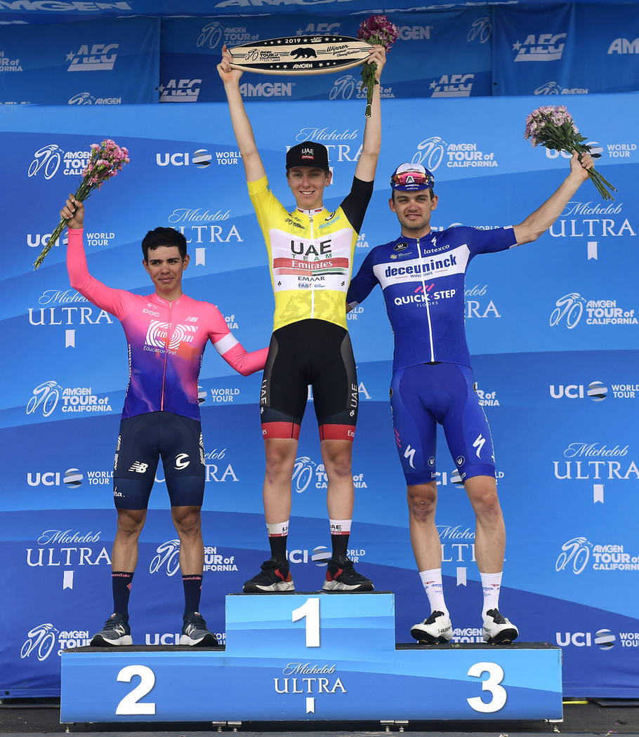 Tour of California bicycle race overall winners, from left to right, Sergio Andres Higuita Garc ...