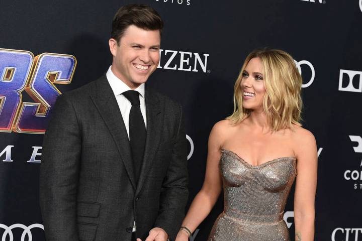 Colin Jost, left, and Scarlett Johansson arrive at the premiere of "Avengers: Endgame" at the L ...