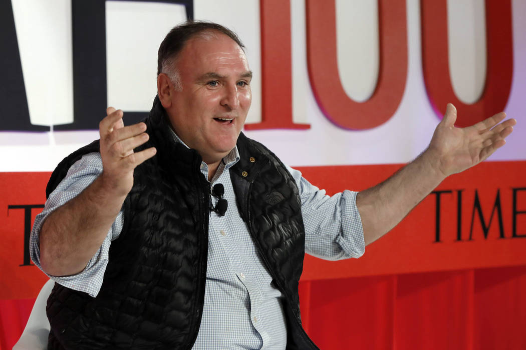 Chef Jose Andres speaks during the TIME 100 Summit in New York, Tuesday, April 23, 2019. (AP Ph ...