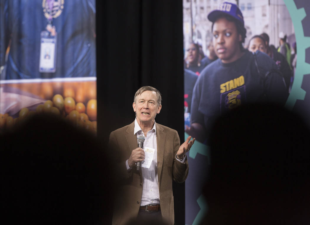 Democratic presidential candidate and former governor of Colorado John Hickenlooper speaks duri ...