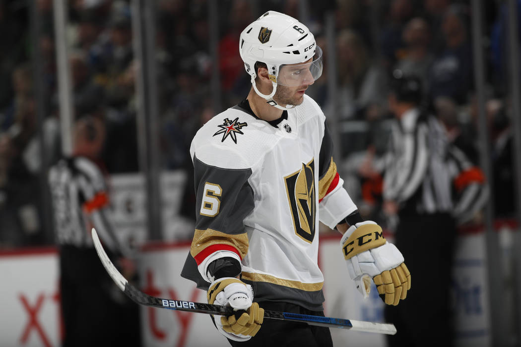 Vegas Golden Knights defenseman Colin Miller (6) in the third period of an NHL hockey game Mond ...