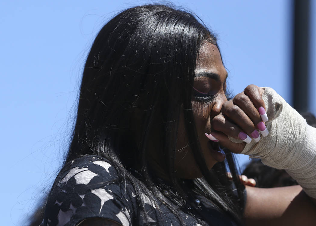 In this Friday, April 20, 2019 photo, Muhlaysia Booker speaks during a rally in Dallas. Booker, ...