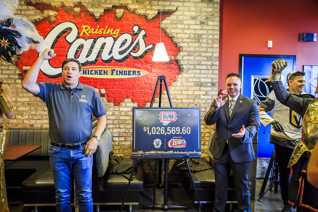 Raising Cane's founder Todd Graves, left, and Golden Knights Chief Marketing Officer Brian Kill ...