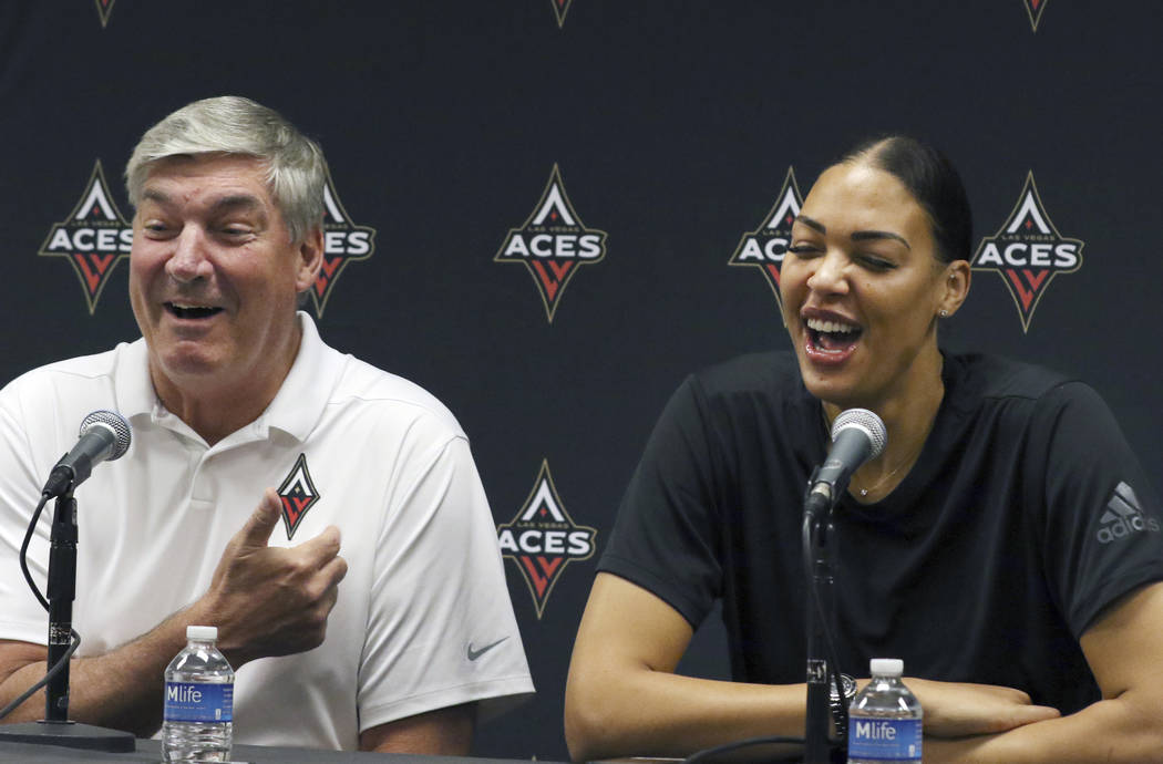 Las Vegas Aces' head coach Bill Laimbeer, left, and Liz Cambage, two-time All Star, and 2018 le ...