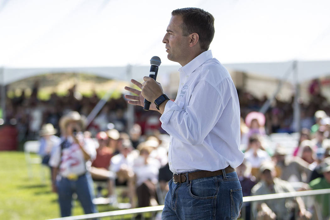 Nevada Attorney General Adam Laxalt addresses the crowd during the third annual Basque Fry held ...