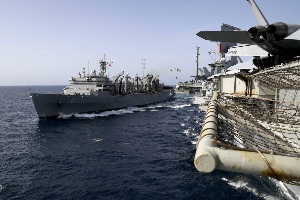 In this Sunday, May 19, 2019, photo released by the U.S. Navy, the fast combat support ship USN ...