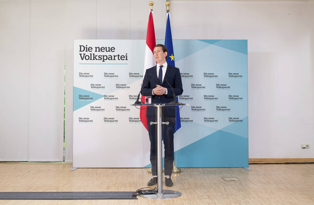 Austrian Chancellor Sebastian Kurz, of the Austrian People's Party, OEVP, addresses the media d ...