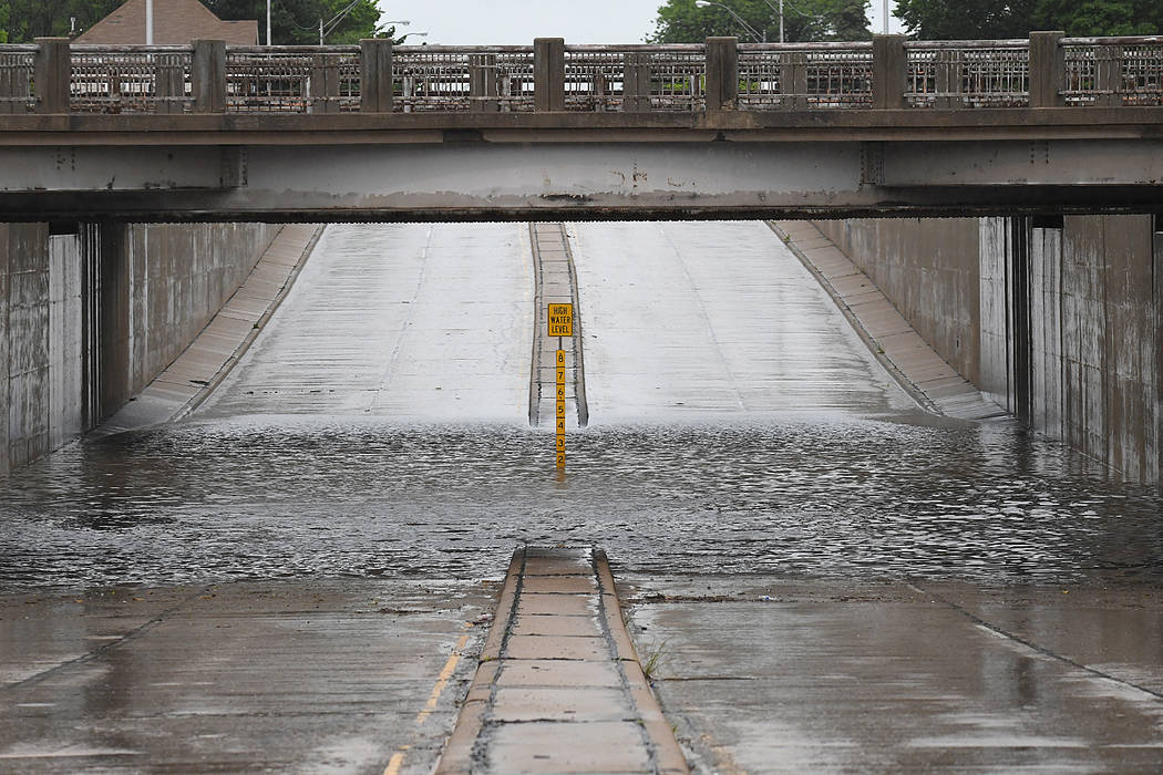The underpass on north Grand is closed due to high water in Enid, Okla., Monday, May 20, 2019. ...
