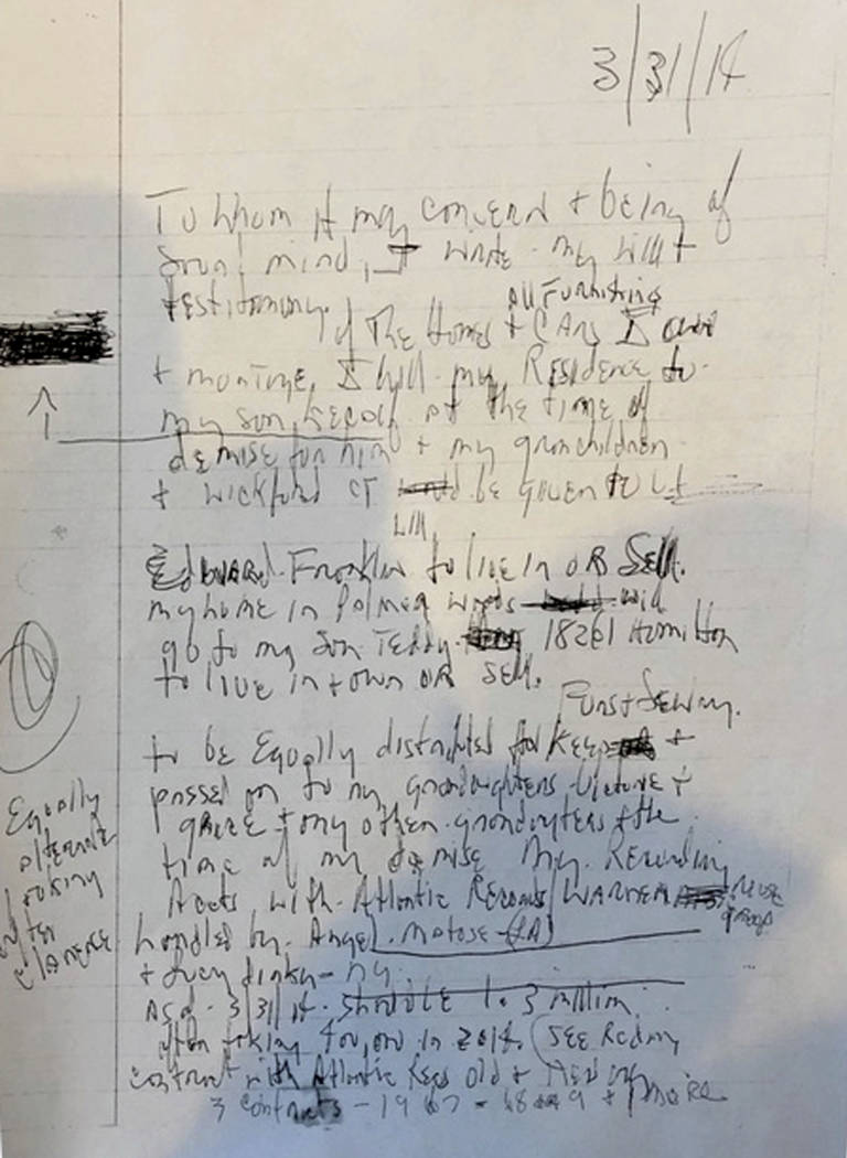 This Monday, May 20, 2019, photo shows one of three handwritten wills that a lawyer said were f ...