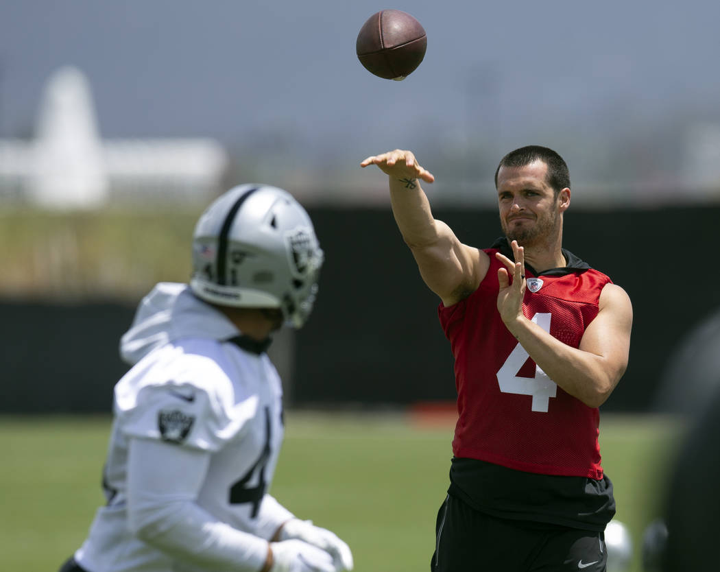 Oakland Raiders quarterback Derek Carr (4) throws a pass during an official team activity, Tues ...